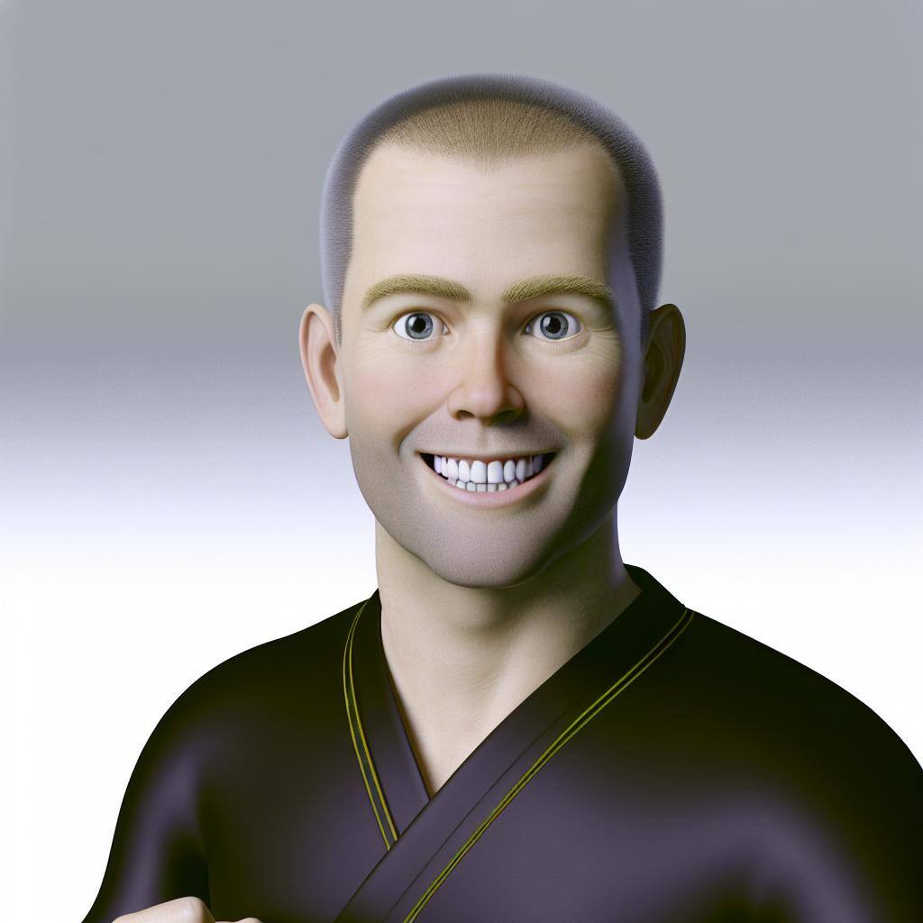 A male Martial Arts teacher head shot smiling and young